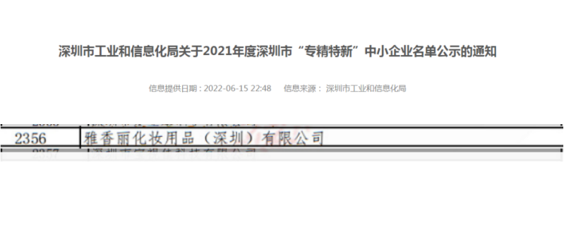 雅香麗化妝用品（深圳）有限公司榮獲2021年度深圳“專精特新”企業